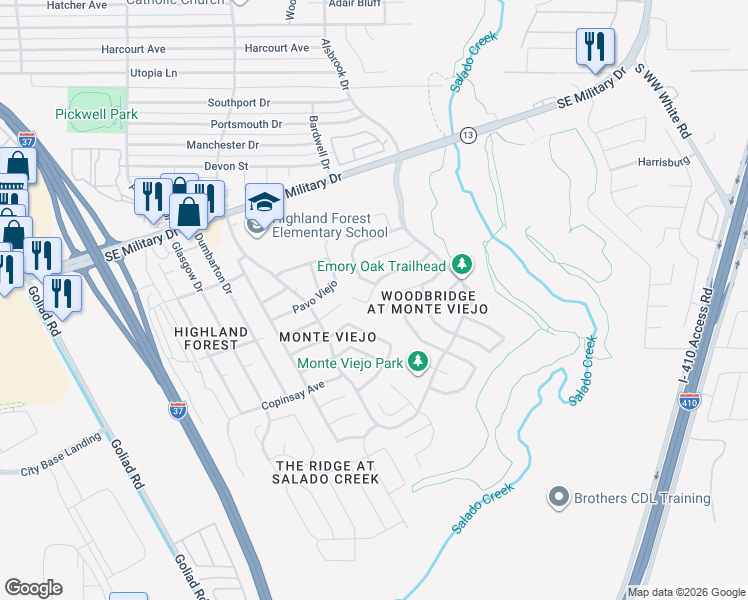 map of restaurants, bars, coffee shops, grocery stores, and more near 3902 Bear Oak Path in San Antonio