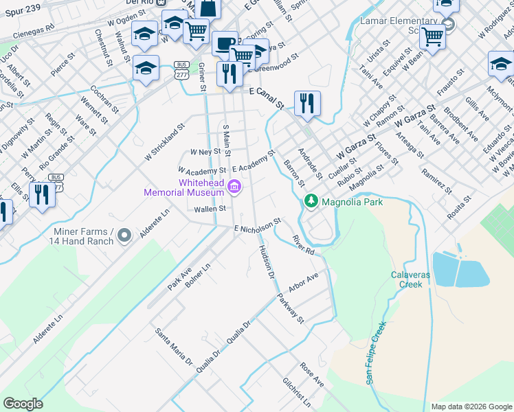 map of restaurants, bars, coffee shops, grocery stores, and more near 203 East Nicholson Street in Del Rio