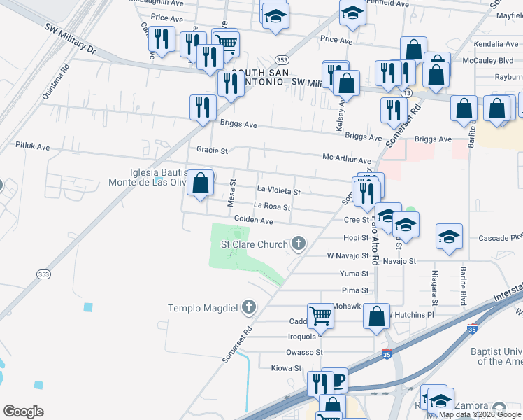 map of restaurants, bars, coffee shops, grocery stores, and more near 3134 Golden Avenue in San Antonio