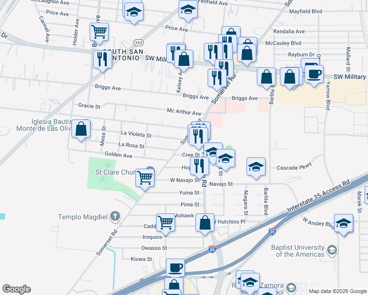 map of restaurants, bars, coffee shops, grocery stores, and more near 150 Cree Street in San Antonio