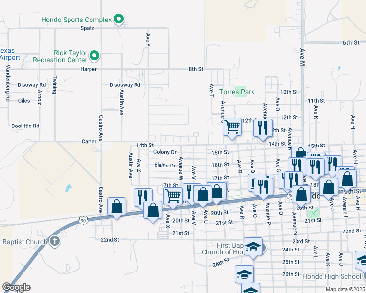 map of restaurants, bars, coffee shops, grocery stores, and more near 2201 Colony Drive in Hondo