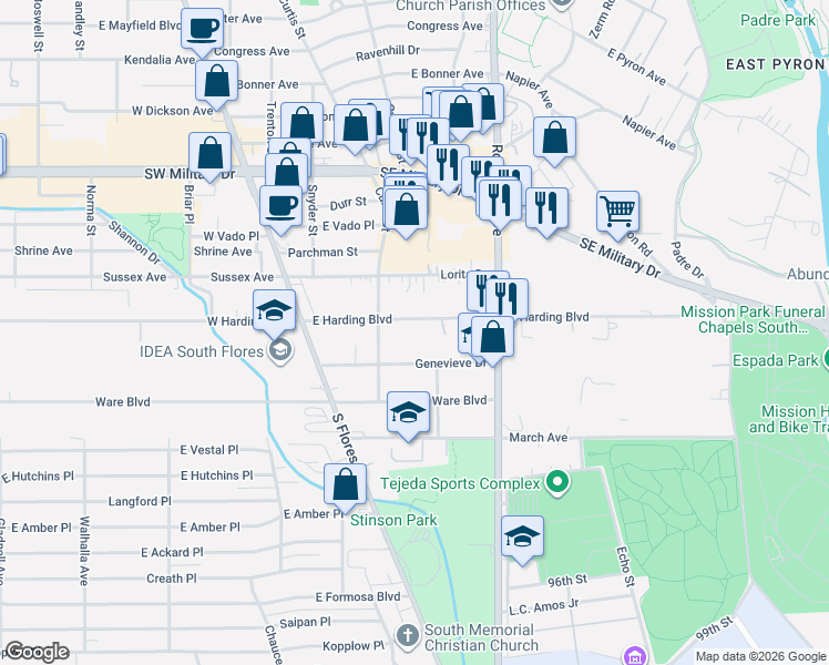 map of restaurants, bars, coffee shops, grocery stores, and more near 247 East Harding Boulevard in San Antonio