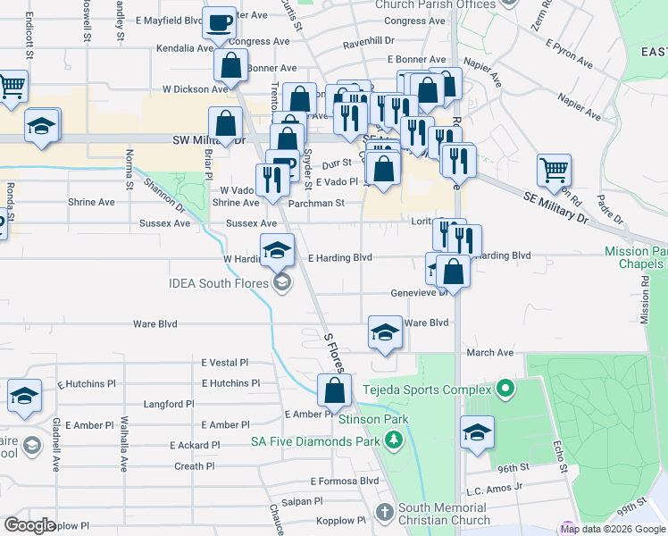 map of restaurants, bars, coffee shops, grocery stores, and more near 147 East Harding Boulevard in San Antonio