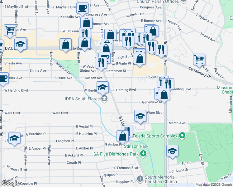 map of restaurants, bars, coffee shops, grocery stores, and more near 6830 South Flores Street in San Antonio