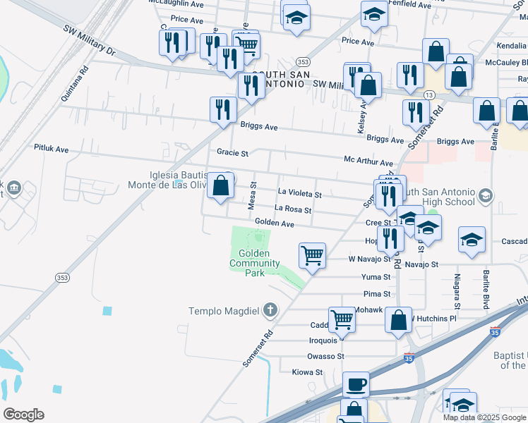 map of restaurants, bars, coffee shops, grocery stores, and more near 3223 La Rosa Street in San Antonio