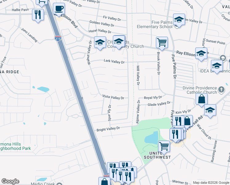 map of restaurants, bars, coffee shops, grocery stores, and more near 6138 Deep Valley Drive in San Antonio
