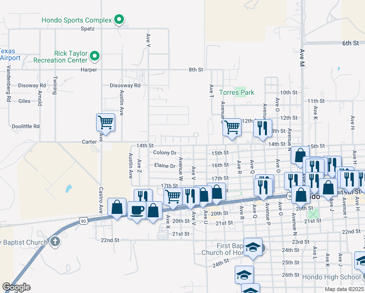 map of restaurants, bars, coffee shops, grocery stores, and more near 2208 14th Street in Hondo
