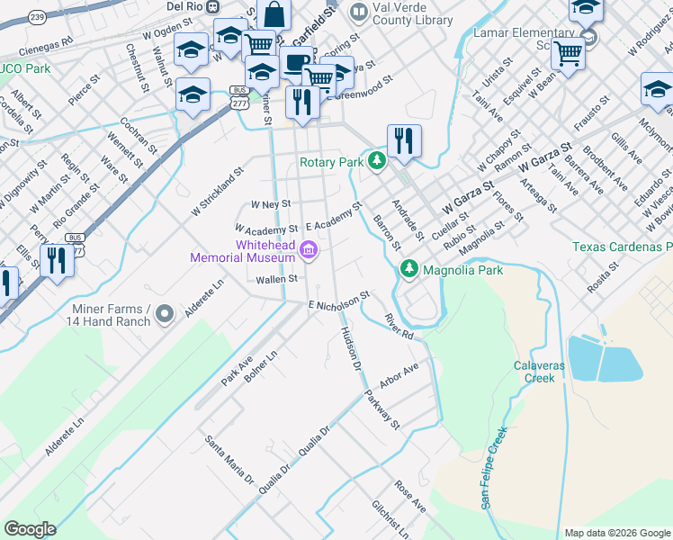map of restaurants, bars, coffee shops, grocery stores, and more near 262-298 Bouganvilla Street in Del Rio