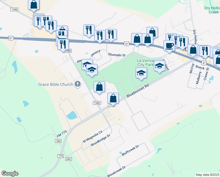 map of restaurants, bars, coffee shops, grocery stores, and more near 125 Micah Point in La Vernia