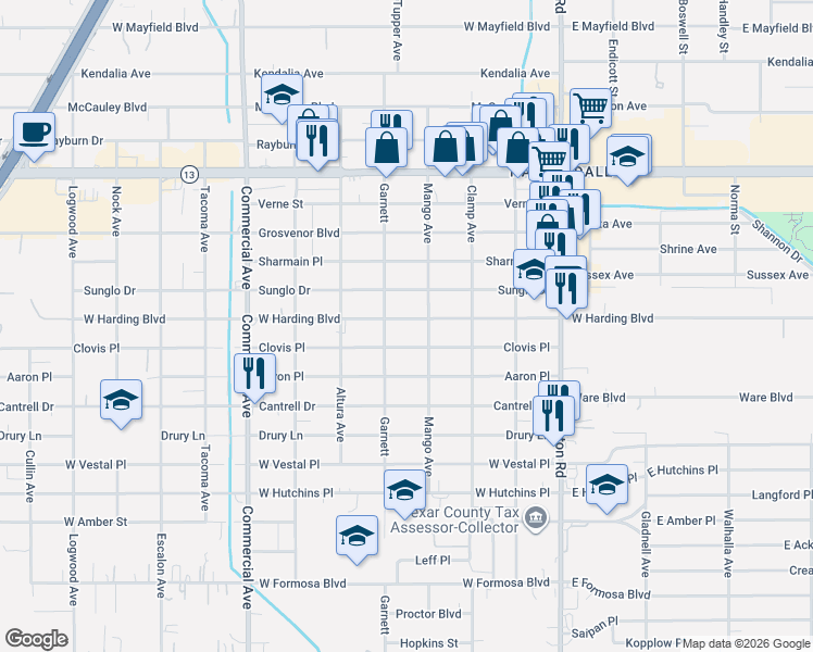 map of restaurants, bars, coffee shops, grocery stores, and more near 811 West Harding Boulevard in San Antonio