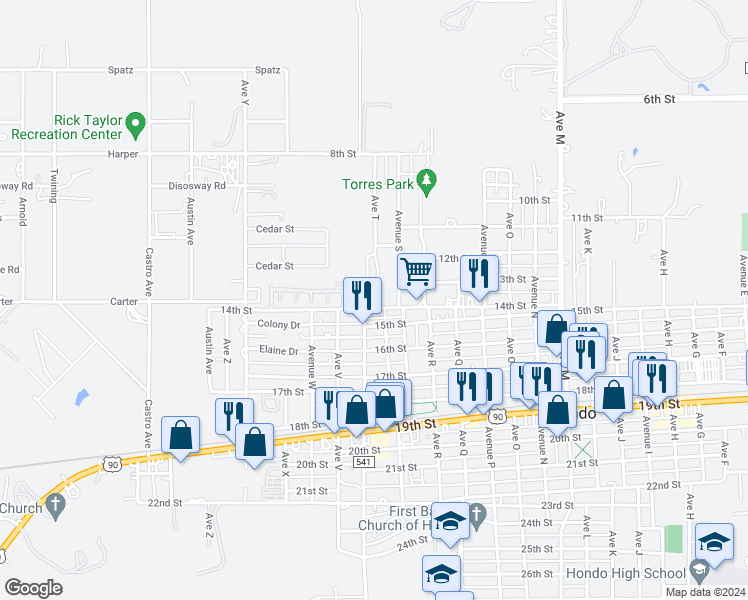map of restaurants, bars, coffee shops, grocery stores, and more near 1912 14th Street in Hondo