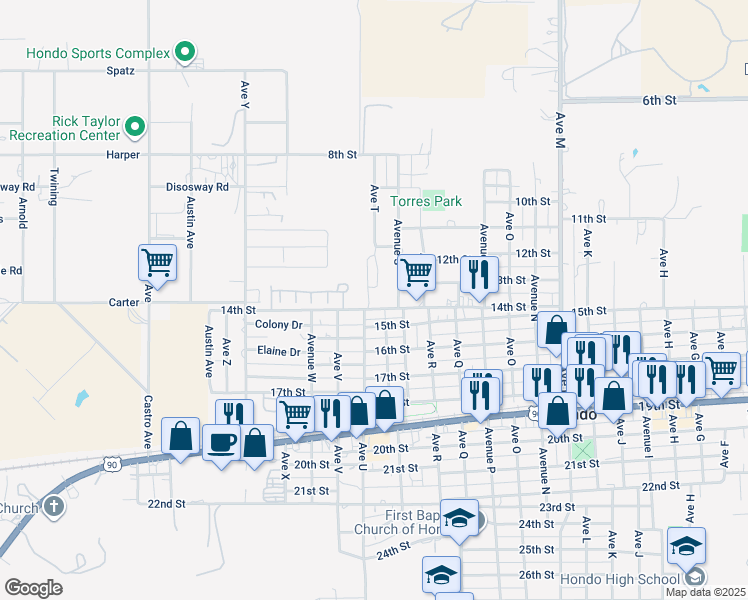 map of restaurants, bars, coffee shops, grocery stores, and more near 1912 14th Street in Hondo