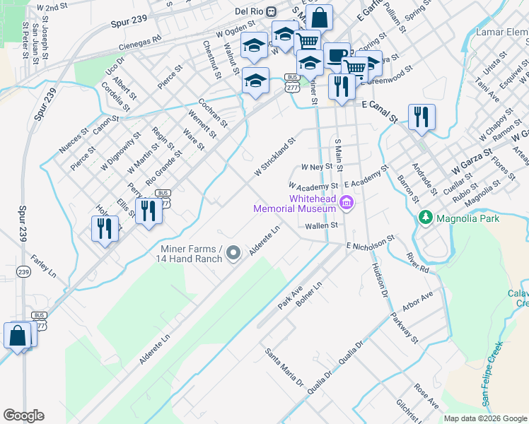 map of restaurants, bars, coffee shops, grocery stores, and more near 418 West Nicholson Street in Del Rio