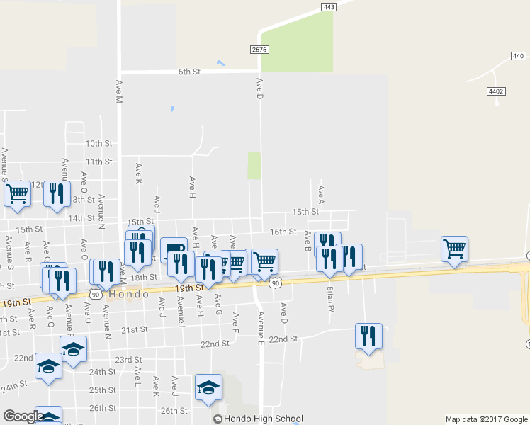 map of restaurants, bars, coffee shops, grocery stores, and more near 402 15th Street in Hondo