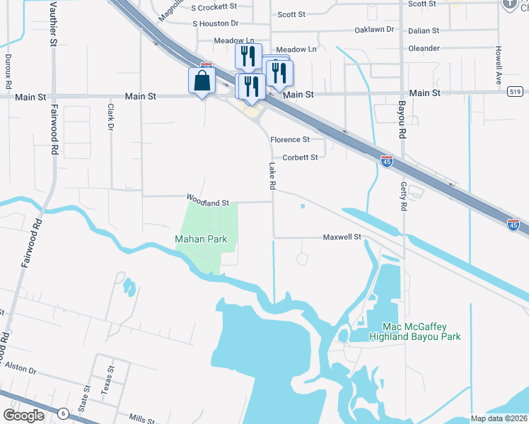 map of restaurants, bars, coffee shops, grocery stores, and more near 2702 Lake Road in La Marque