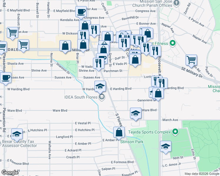 map of restaurants, bars, coffee shops, grocery stores, and more near 6830 South Flores Street in San Antonio