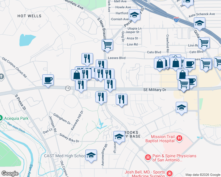 map of restaurants, bars, coffee shops, grocery stores, and more near Southeast Military Drive in San Antonio