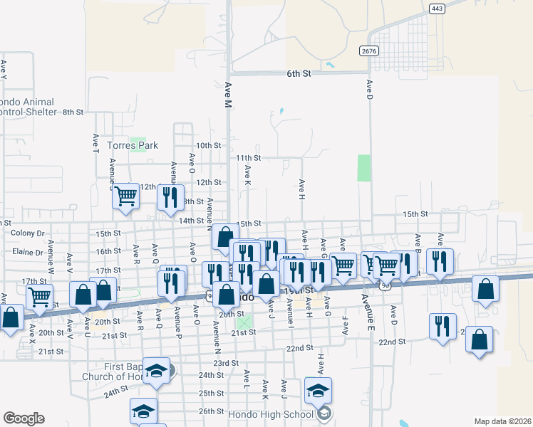 map of restaurants, bars, coffee shops, grocery stores, and more near 1309 Avenue J in Hondo