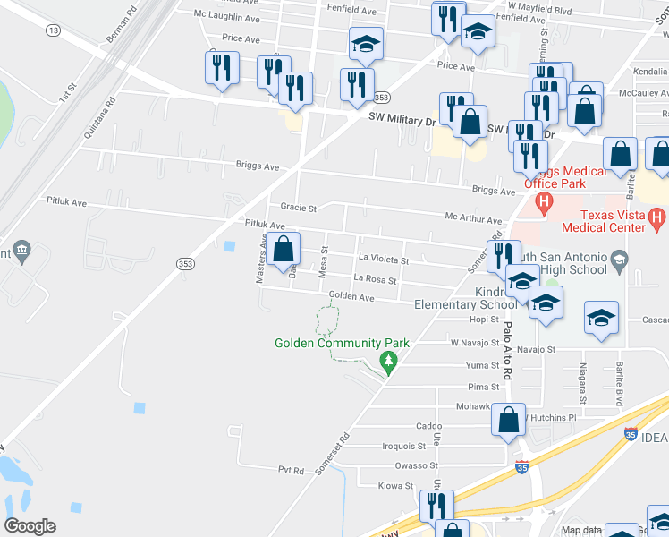 map of restaurants, bars, coffee shops, grocery stores, and more near 3223 La Rosa Street in San Antonio