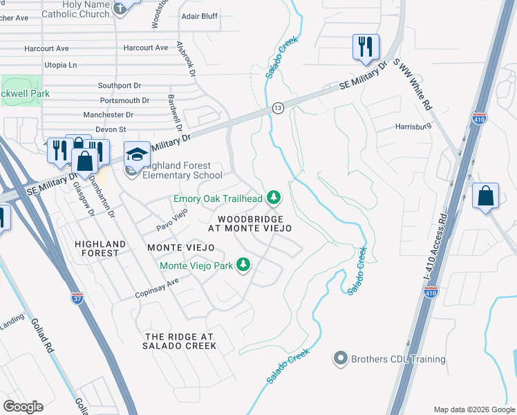 map of restaurants, bars, coffee shops, grocery stores, and more near 4118 Chinkapin Oak in San Antonio