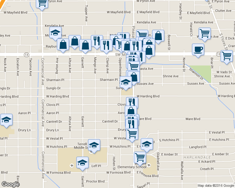 map of restaurants, bars, coffee shops, grocery stores, and more near 615 West Harding Boulevard in San Antonio
