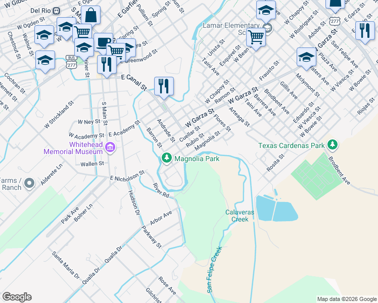 map of restaurants, bars, coffee shops, grocery stores, and more near 304 Magnolia St in Del Rio