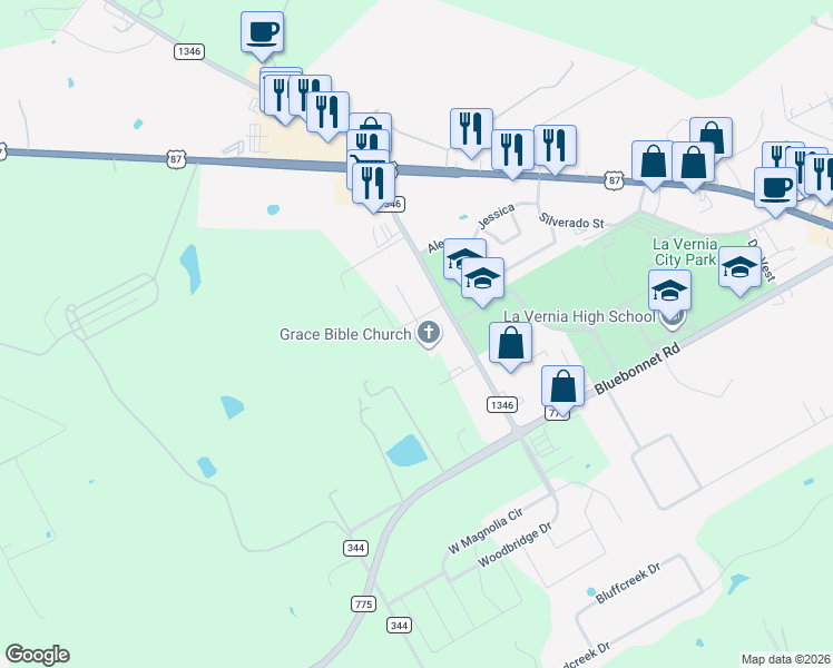 map of restaurants, bars, coffee shops, grocery stores, and more near 104 North Elise Place in La Vernia