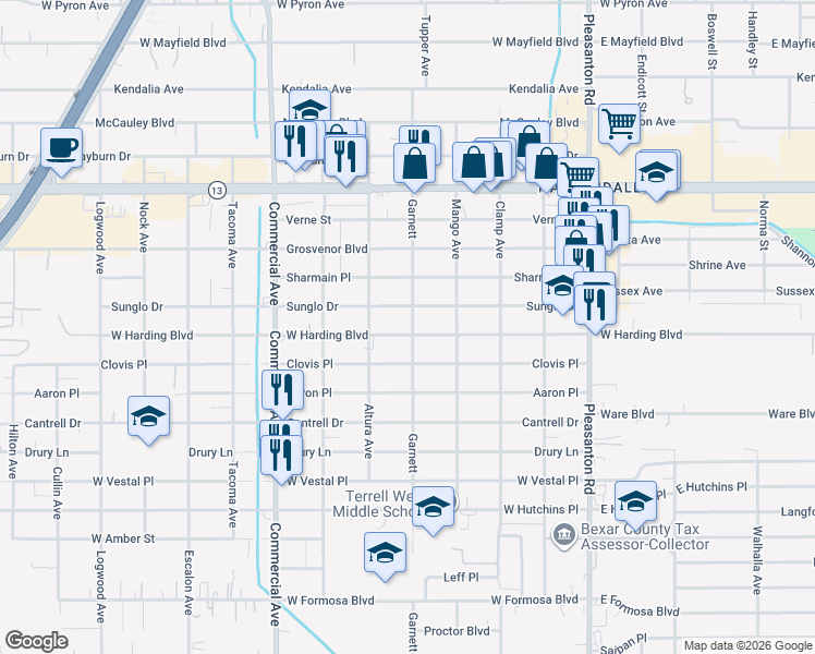 map of restaurants, bars, coffee shops, grocery stores, and more near 903 West Harding Boulevard in San Antonio