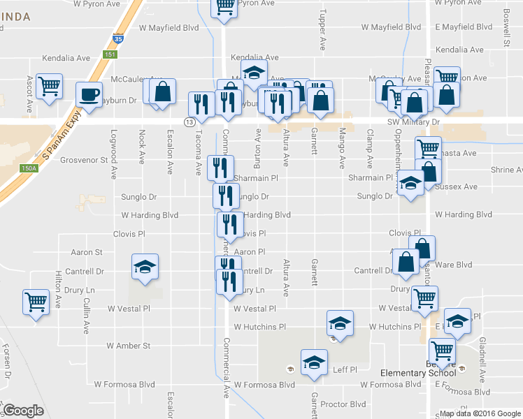 map of restaurants, bars, coffee shops, grocery stores, and more near 1039 West Harding Boulevard in San Antonio