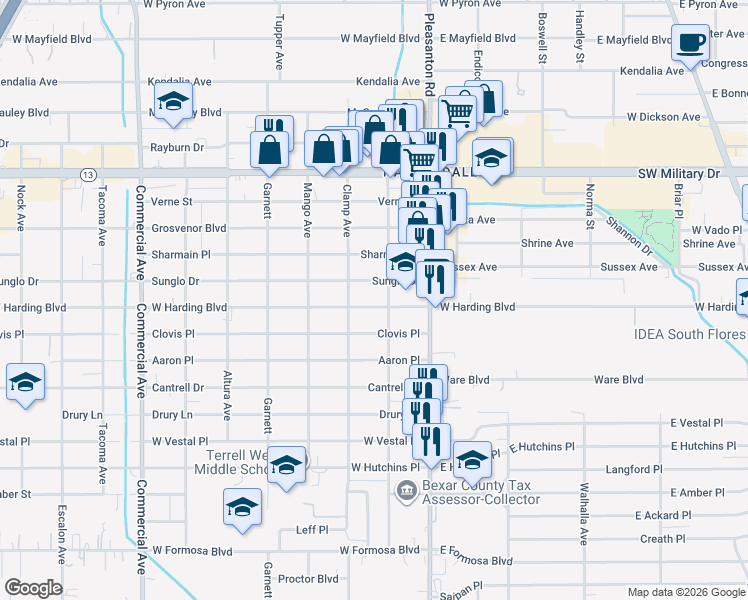 map of restaurants, bars, coffee shops, grocery stores, and more near 615 West Harding Boulevard in San Antonio