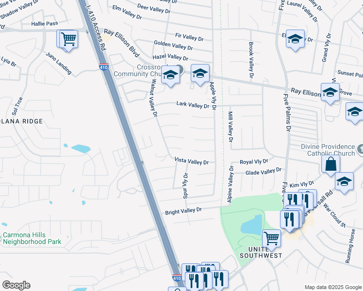 map of restaurants, bars, coffee shops, grocery stores, and more near 6211 Stone Valley Drive in San Antonio