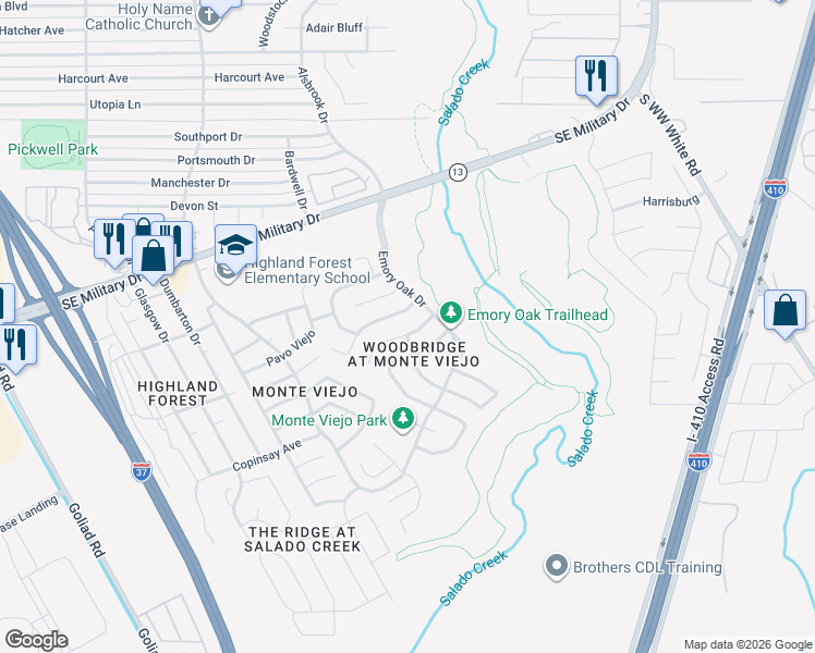 map of restaurants, bars, coffee shops, grocery stores, and more near 4103 Chinkapin Oak in San Antonio