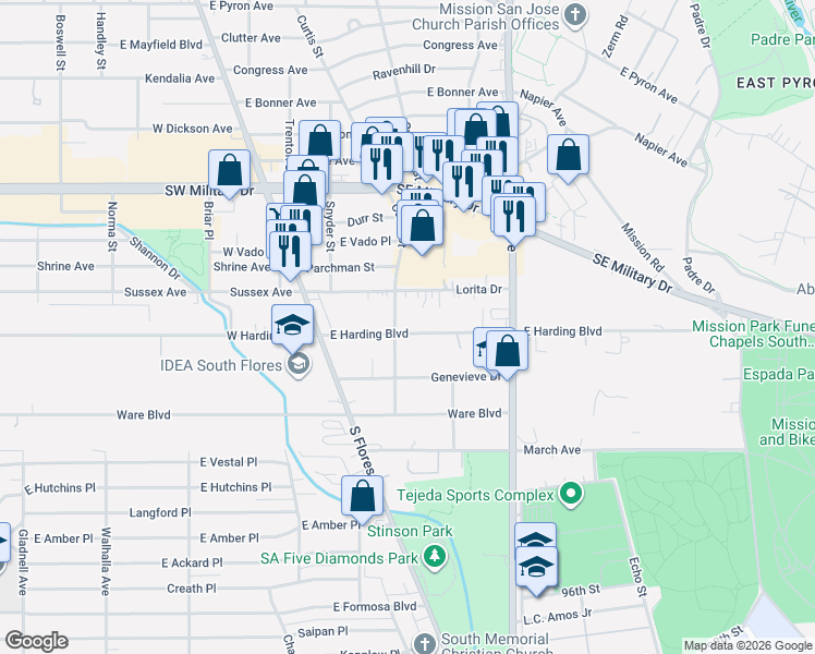 map of restaurants, bars, coffee shops, grocery stores, and more near 211 East Harding Boulevard in San Antonio