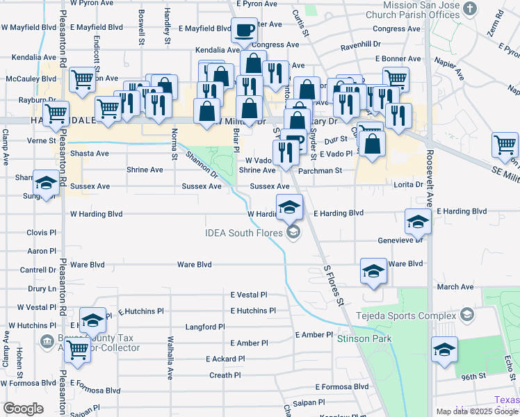 map of restaurants, bars, coffee shops, grocery stores, and more near 171 West Harding Boulevard in San Antonio