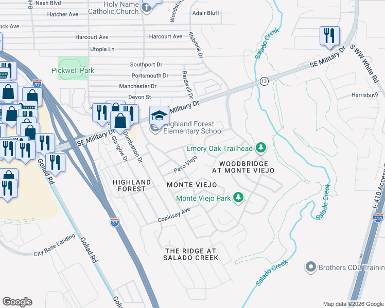 map of restaurants, bars, coffee shops, grocery stores, and more near 4007 Pavo Viejo in San Antonio