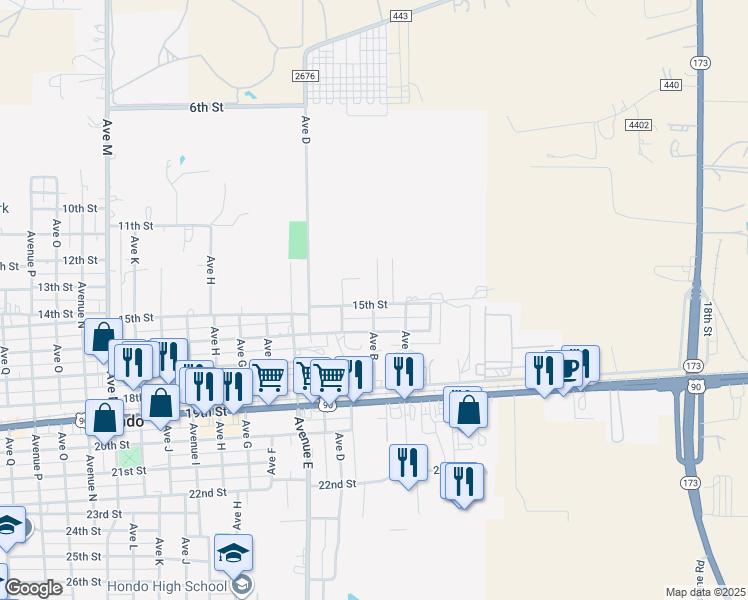 map of restaurants, bars, coffee shops, grocery stores, and more near 110 15th Street in Hondo