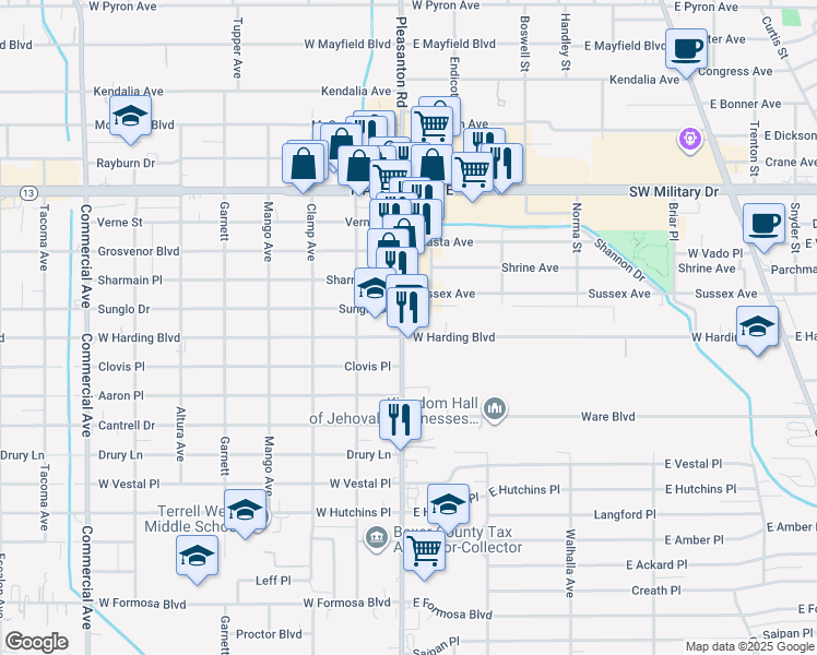 map of restaurants, bars, coffee shops, grocery stores, and more near 2716 Pleasanton Road in San Antonio