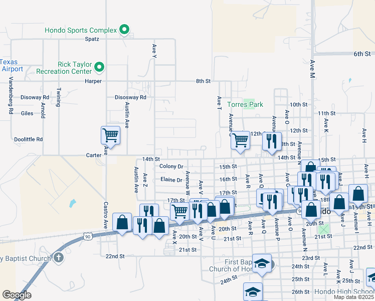 map of restaurants, bars, coffee shops, grocery stores, and more near 2208 14th Street in Hondo