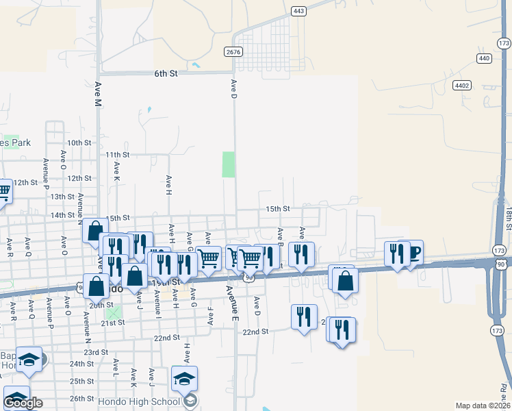 map of restaurants, bars, coffee shops, grocery stores, and more near 402 15th Street in Hondo