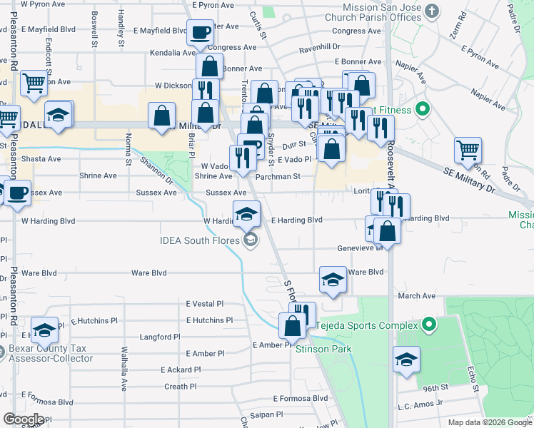 map of restaurants, bars, coffee shops, grocery stores, and more near 6830 South Flores Street in San Antonio