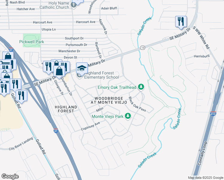 map of restaurants, bars, coffee shops, grocery stores, and more near 3810 Blue Oak Pass in San Antonio