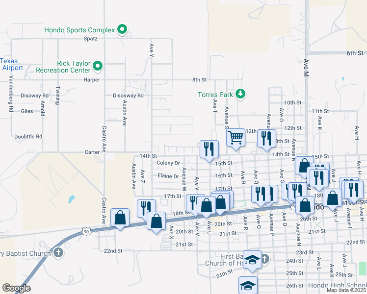 map of restaurants, bars, coffee shops, grocery stores, and more near 2208 14th Street in Hondo
