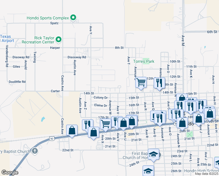 map of restaurants, bars, coffee shops, grocery stores, and more near 2208 14th Street in Hondo