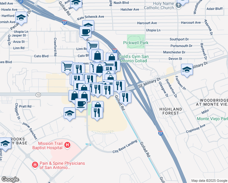 map of restaurants, bars, coffee shops, grocery stores, and more near Southeast Military Drive & Goliad Road in San Antonio