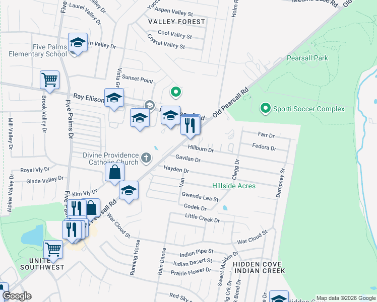 map of restaurants, bars, coffee shops, grocery stores, and more near 5438 Hillburn Drive in San Antonio