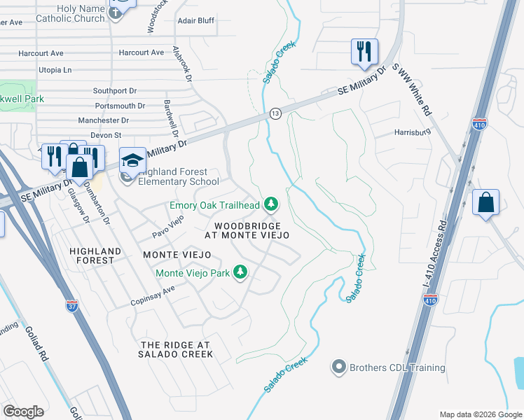 map of restaurants, bars, coffee shops, grocery stores, and more near 4118 Chinkapin Oak in San Antonio