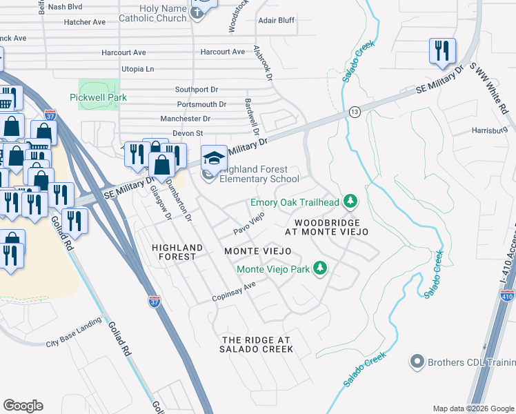 map of restaurants, bars, coffee shops, grocery stores, and more near 4007 Pavo Viejo in San Antonio