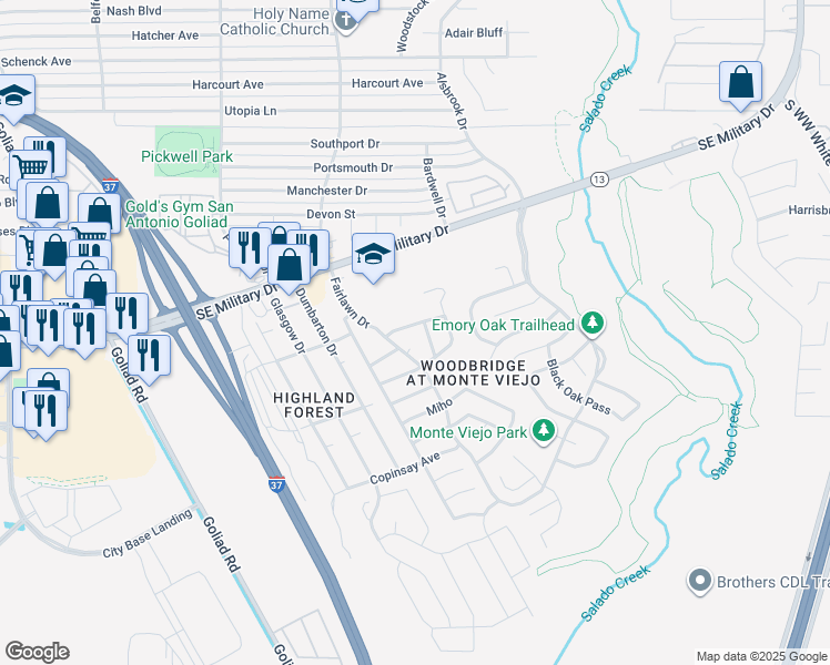 map of restaurants, bars, coffee shops, grocery stores, and more near 3818 Bosque Seco in San Antonio