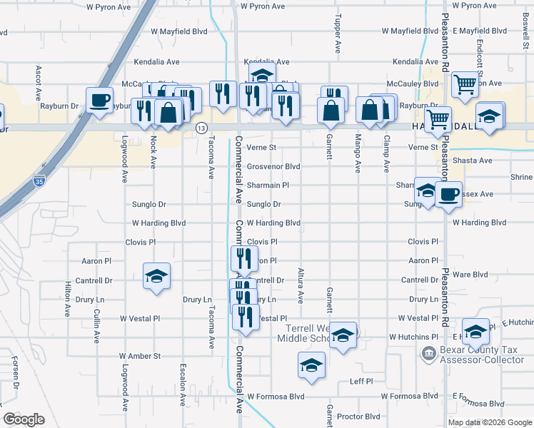 map of restaurants, bars, coffee shops, grocery stores, and more near 1039 West Harding Boulevard in San Antonio