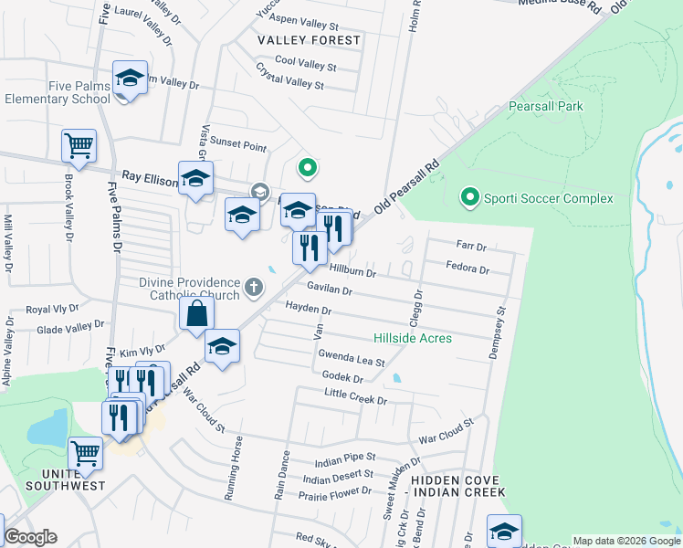 map of restaurants, bars, coffee shops, grocery stores, and more near 5438 Hillburn Drive in San Antonio